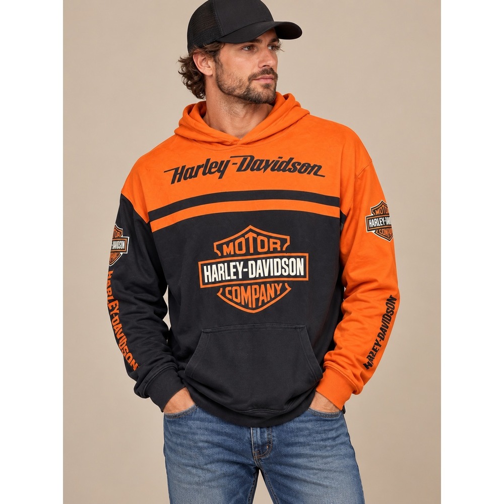 Harley-Davidson Men Hoodie 2XL Orange Black Skull Graphic Biker Pullover